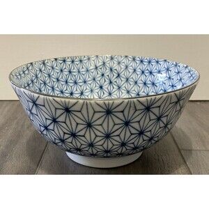 Japanese Donburi Rice Bowl 6" Cobalt Blue White Japan Ceramic Asanoha Hemp Leaf